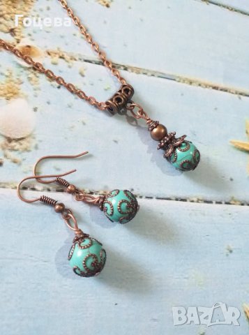 Прекрасен комплект гривна, обеци и колие с Тибетски Тюркоаз, Розов Жадеит с красиви медни орнаменти, снимка 4 - Бижутерийни комплекти - 40713602