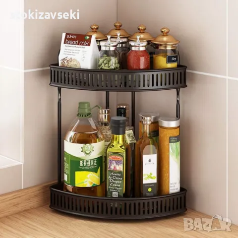 Ъглова стойка за подправки 2 нива – Органайзер за кухня, баня и спалня, без монтаж, снимка 1