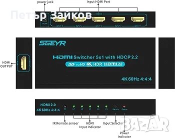 HDMI превключвател HDMI селекторен превключвател 5 порта HDR IR дистанционно 4K HDMI 