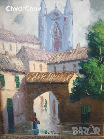 Collado 55х47см/испанска картина масло върху платно/градски пейзаж/къщи-катедрала/дървена рамка, снимка 2 - Картини - 51192802