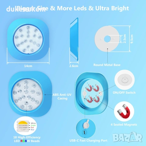 Акумулаторна подводна LED лампа RGBW с магнит, IP68, 14 см, с дистанционно, снимка 3 - Лед осветление - 53019166