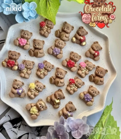 4 пози мече мечета сърце букет цветя силиконов молд форма фондан шоколад гипс смола бонбони декор, снимка 6 - Форми - 53741092