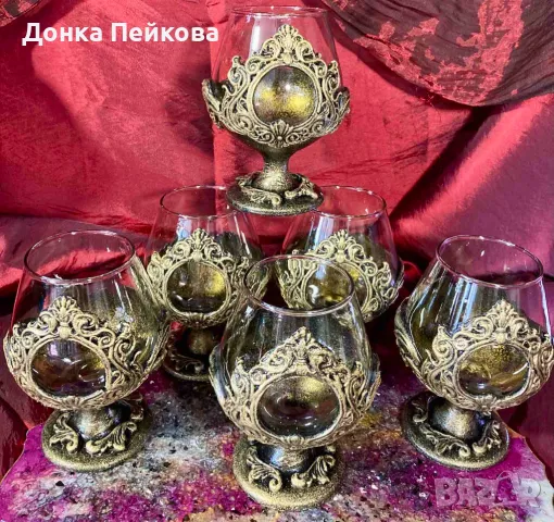 Ръчно изработен сервиз за коняк в старинно злато от 6 части, снимка 2 - Чаши - 48657355