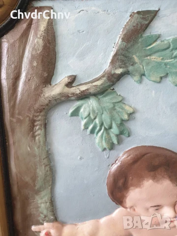 91х64см-8кг/стара голяма маслена картина-пано от гипс/голи деца/Рококо/дървена рамка, снимка 5 - Картини - 51357831