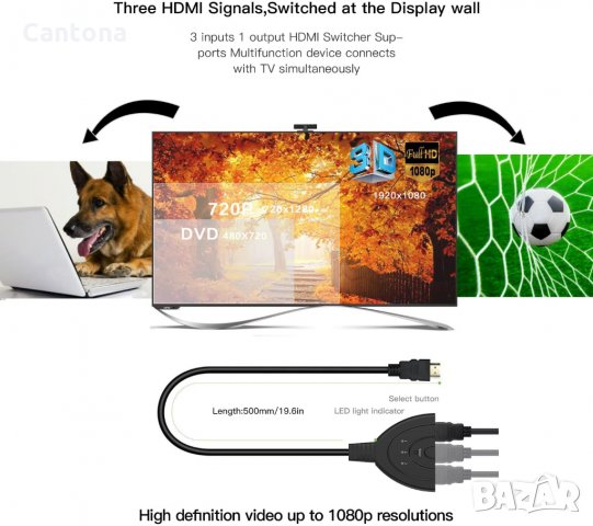 3-портов HDMI сплитер, 3xHDMI(f) -> HDMI(m), 3 входа - 1изход, (HD 1080P 3D HDTV, Blu-Ray, DVD, PS4/, снимка 4 - Кабели и адаптери - 36013499
