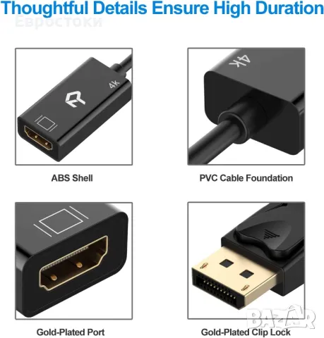 Rankie DisplayPort към HDMI адаптер, HDTV конвертор с 4K резолюция, черен, снимка 6 - Стойки, 3D очила, аксесоари - 49323564