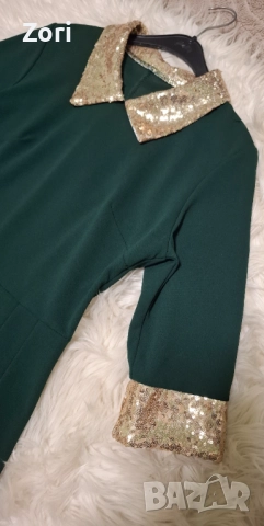 Зелена рокля с акценти от златисти пайети, снимка 4 - Рокли - 52598787