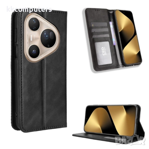 Кожен калъф с портфейл за Huawei Pura 80 Ultra| Ретро дизайн с магнит | Включен Протектор | Цвят: Че, снимка 4 - Калъфи, кейсове - 51961104