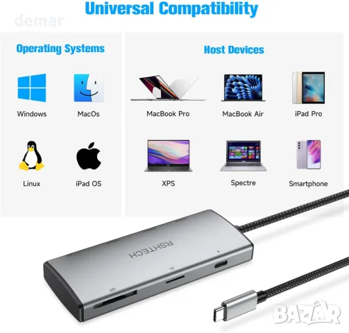 RSHTECH 10Gbps USB C хъб, 7-в-1 USB C многопортов адаптер с 4K HDMI, USB-A 3.2, 2 USB-C 3.2, снимка 7 - Друга електроника - 48000922