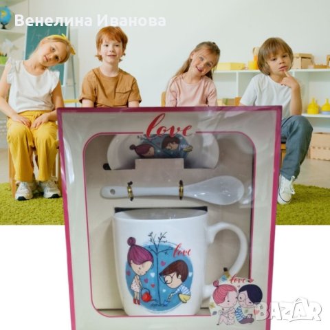 Детски комплект от 3 части - чаша, чинийка и лъжичка, снимка 2 - Прибори за хранене, готвене и сервиране - 44466181