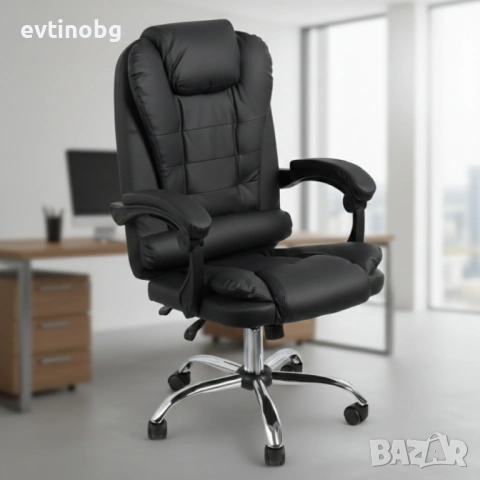 Ергономичен офис стол с лумбална опора от еко кожа в черен цвят – комфорт за дълги часове без болки 