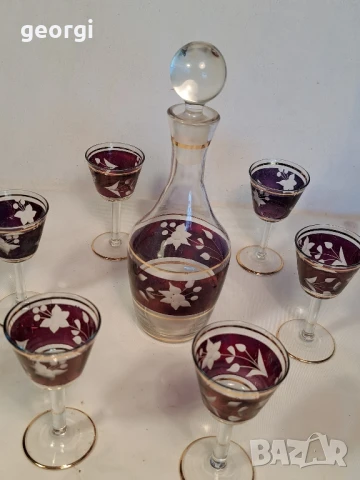 ретро сервиз за ракия цветно гравирано стъкло със златен кант