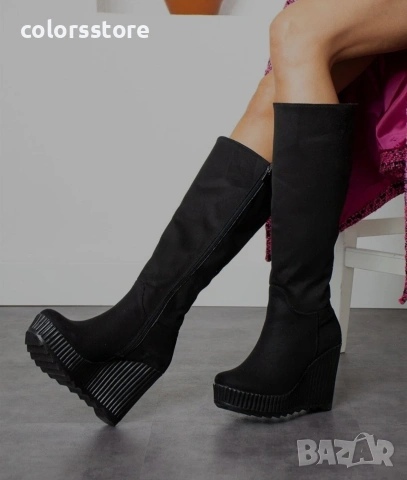 Ботуши на платформа - черен велур - BNP200
