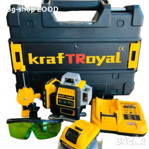 Лазерен нивелир Kraft Royal, Самонивелиращ, 4D, Дистнационно, Жълт, 5VDC, 5Ah