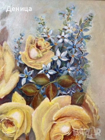 Слънчеви рози и нежни сини звездички  Рисувана върху платно, което е изпънато с фазер и защитено  , снимка 5 - Картини - 53490289