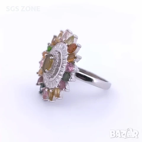 СРЕБЪРЕН ПРЪСТЕН С МНОГОЦВЕТЕН ТУРМАЛИН, снимка 2 - Пръстени - 51143848
