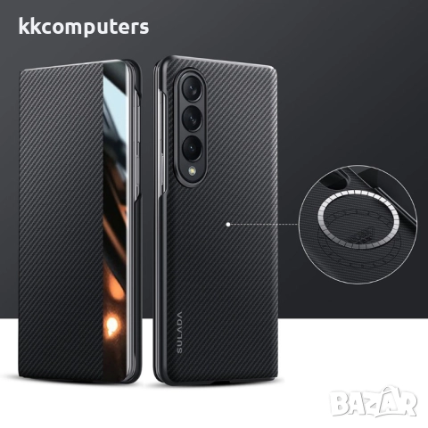 Калъф SULADA Kevlar за Samsung Galaxy Z Fold4 – смарт капак с прозорец, кожена текстура и магнитна ф