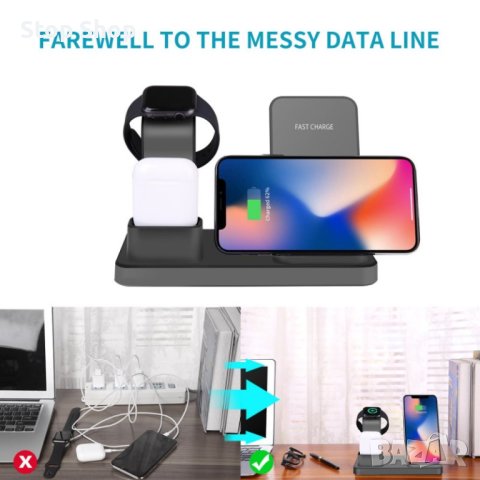 3в1 безжично зарядно за iPhone / Apple Watch / AirPods - черно, снимка 5 - Безжични зарядни - 41577449