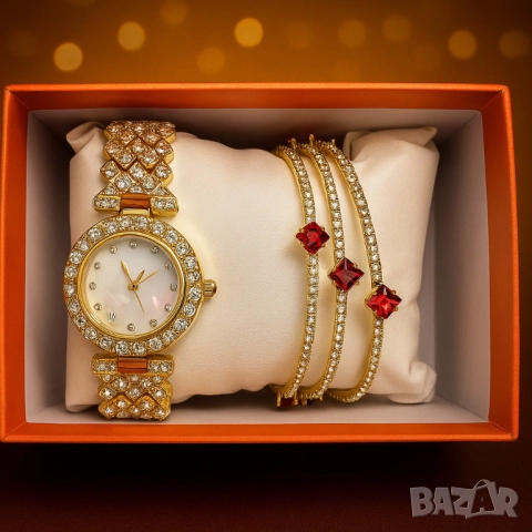 Готов сет за елегантност: кварцов часовник + 3 гривни с червени акценти, снимка 4 - Бижутерийни комплекти - 51967809