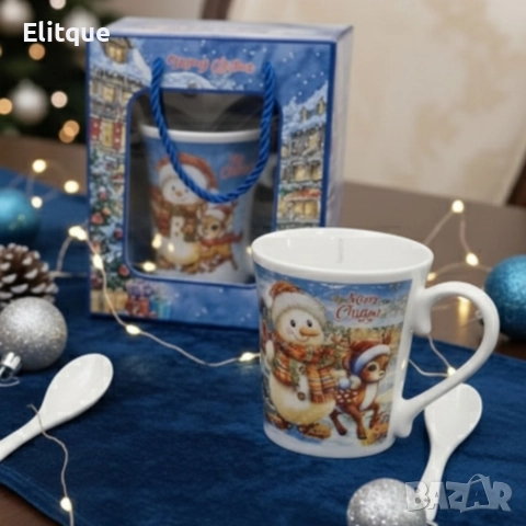 Празничен комплект за топли напитки – Керамична чаша и лъжичка в коледна опаковка, снимка 9 - Декорация за дома - 52575609