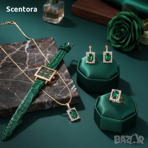 Елегантен комплект часовник и бижута с зелени кристали и златист корпус