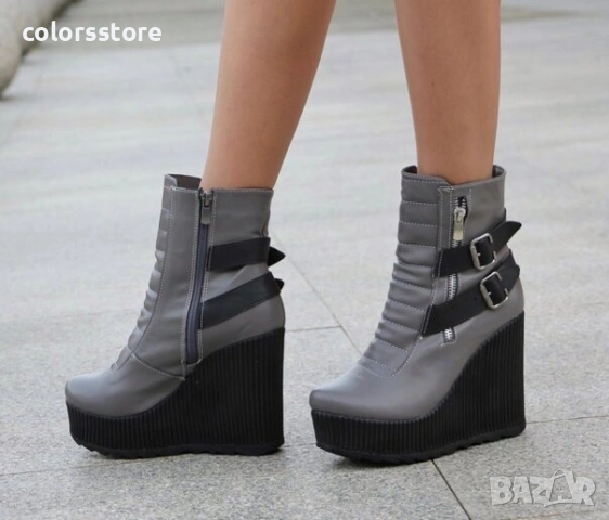 Боти на платформа - сива кожа с черно ходило - B2001
