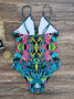 Нов цял бански костюм с дълбоки V-образни презрамки с цветя от кашу и триъгълник, 5цвята , снимка 14