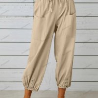 Памучно-ленени широки дамски панталони с висока талия, 10цвята - 023, снимка 8 - Панталони - 41579956