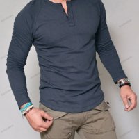 Мъжка едноцветна тениска с копчета с обло деколте и дълъг ръкав, 3цвята - 023, снимка 5 - Тениски - 39304497