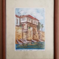 Васил Банов Крепостна кула и лодки в пристанището Несебър 1993г  , снимка 1 - Картини - 39448863
