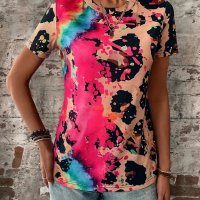 Дамска тениска с кръгло деколте и къс ръкав с леопардов принт, 4цвята , снимка 18 - Тениски - 41497389