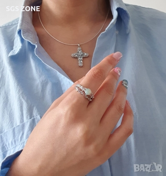 СРЕБЪРЕН ДВОЕН ПРЪСТЕН С ОПАЛ И МУЛТИ САПФИРИ, снимка 1