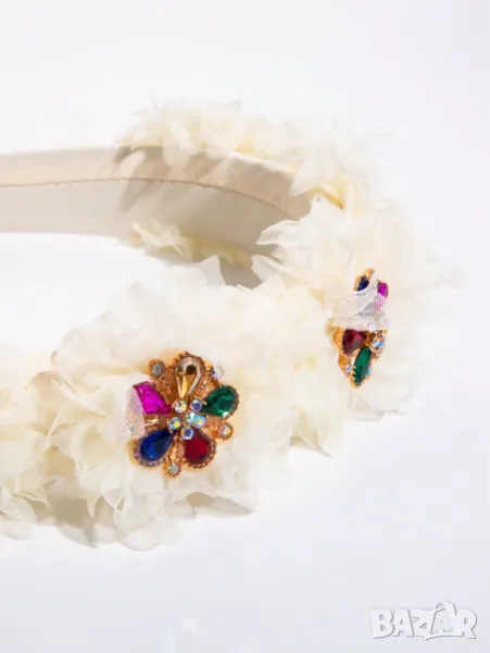 Елегантна диадема с тюл и камъни в кремав цвят, снимка 1