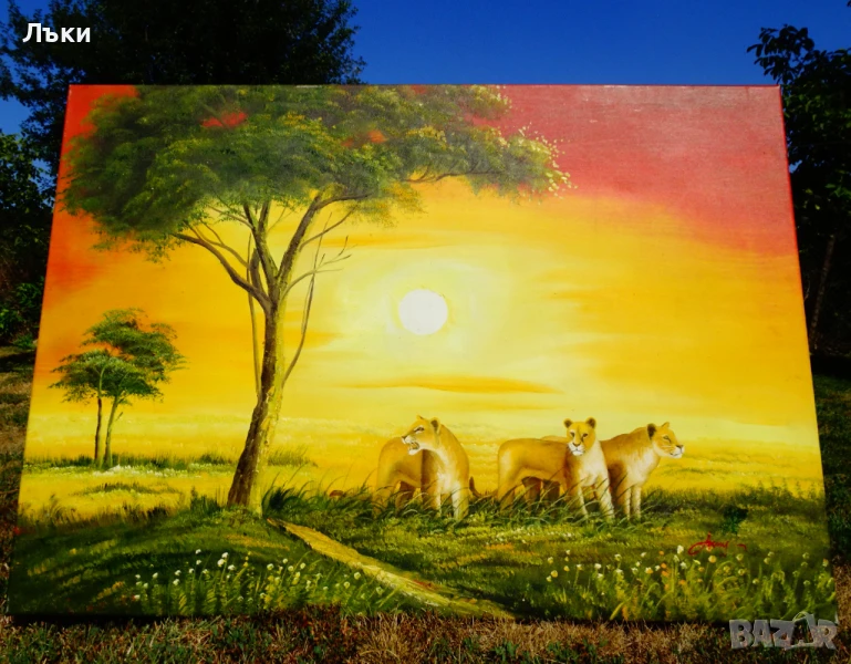 Картина Лъв,Лъвове,масло върху платно,подпис,100 см. , снимка 1