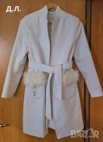 Дамско бяло палто с колан и естествен косъм Collection Ka Bo, снимка 4 - Палта, манта - 52398434