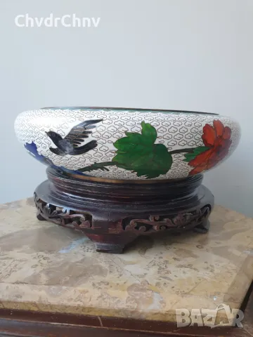 Cloisonne 26см/Клоазон-Клозоне стара голяма китайска купа/поставка ръчна дърворезба, снимка 9 - Други - 46578938