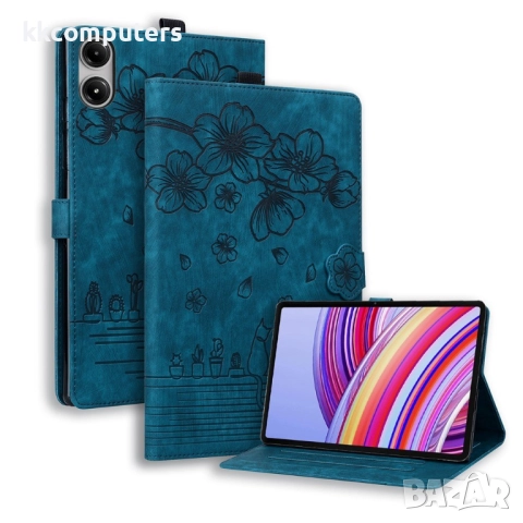 Кожен калъф за Xiaomi Redmi Pad 2 Pro - Дизайн Цвете & Коте, Стойка, Кардхолдер, Джоб за писалка, Пр, снимка 5 - Калъфи, кейсове - 52420051