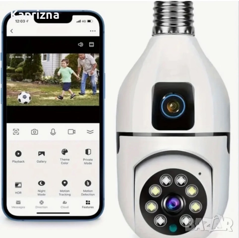  Wi fi безжична въртяща се двойна камера за фасунга крушка , снимка 6 - IP камери - 52281933