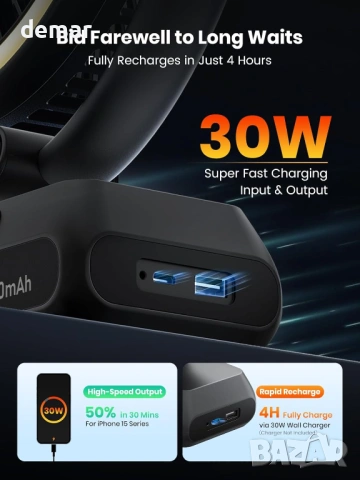 Warmco 30000mAh 30W преносим настолен вентилатор с LED светлина, черен, снимка 4 - Други стоки за дома - 53647204