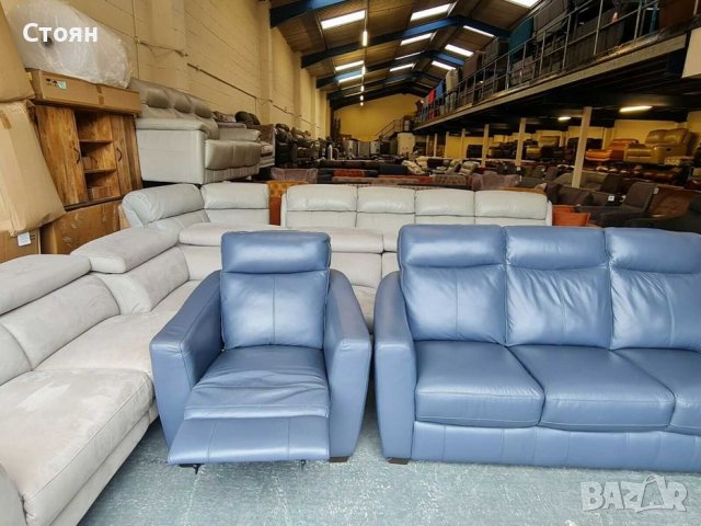  Син кожен диван тройка, два фотьойла и табуретка с ел.релакс, снимка 10 - Дивани и мека мебел - 39700994