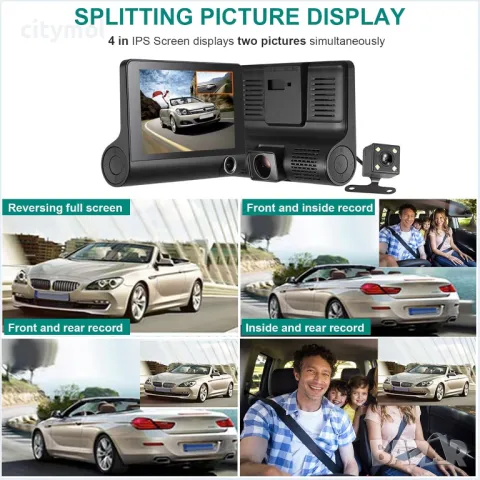 Видеорегистратор/Dash Cam, с 3 камери, FULL HD, дисплей 4", 5MPx, детекция на движение, циклично зап, снимка 5 - Аксесоари и консумативи - 47271765