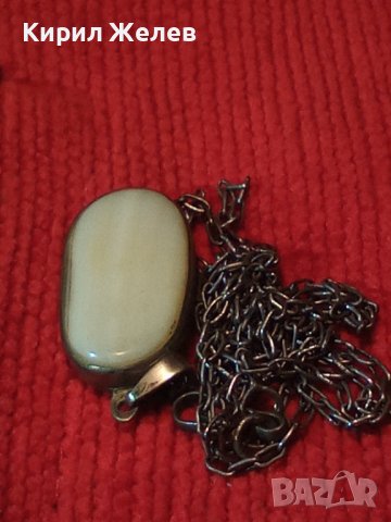 СТАРИННО СРЕБЪРНО КОЛИЕ МДАЛЬОН с ВЕРИЖКА с БЯЛ ШЛИФОВАН ЮВЕЛИРНО ИВИЧЕСТ АХАТ АРТ ДЕКО БИЖУ 26441