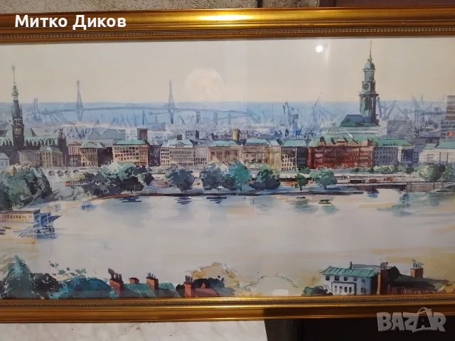 Hamburger Michel Landingsbrucken Binnenalsyer акварел подписан 90г панорама 132х58см Злат. рамка ст., снимка 8 - Картини - 55846251