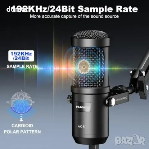 USB кондензаторен микрофон Aokeo AK-60s, 192 kHz/24 bit, снимка 2 - Микрофони - 56216828