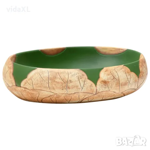 vidaXL Мивка за плот, зелено и кафяво, овална, 59x40x15 см, керамика