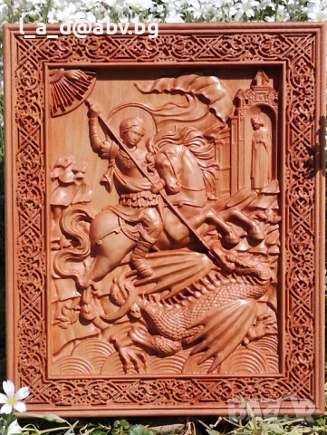 Дърворезбована икона на Св. Мина - авторска дърворезба, снимка 4 - Икони - 47467325