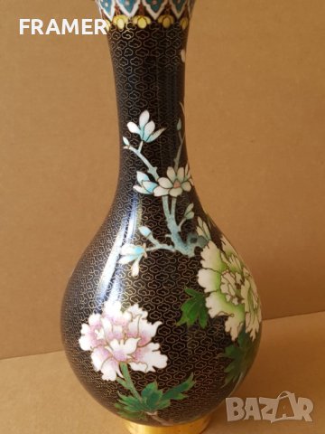 Красива 19ти век Китайска Клазоне бронзова клетъчен емайл ваза, снимка 7 - Вази - 42262468