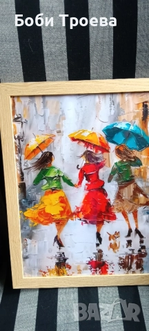 Ярки момичета с чадъри в дъждовен ден, 30 см.x 40 см Вертикална стенна декорация, снимка 5 - Картини - 51974843