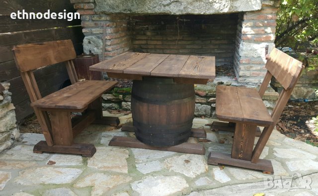 Комплект маса от бъчва с две пейки, снимка 1 - Градински мебели, декорация  - 41758280