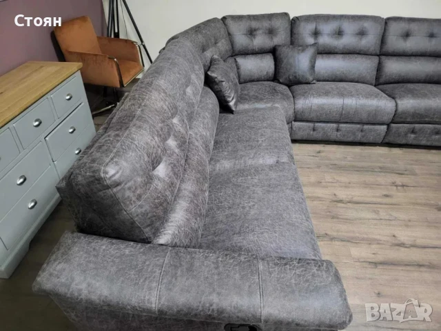 Кафяв ъглов диван от плат La-z-boy с ръчен релаксиращ механизъм, снимка 7 - Дивани и мека мебел - 50838162